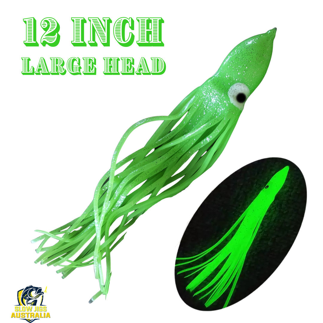 LUMINOUS LARGE HEAD. 12- 300mm OCTOPUS SKIRTS 4/8/12 Packs-Green