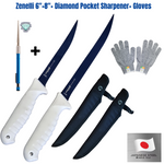Fillet Knives ZENELLI. 6" 8" individual/Packs+diamond pocket steel+Folding Knife+Gloves