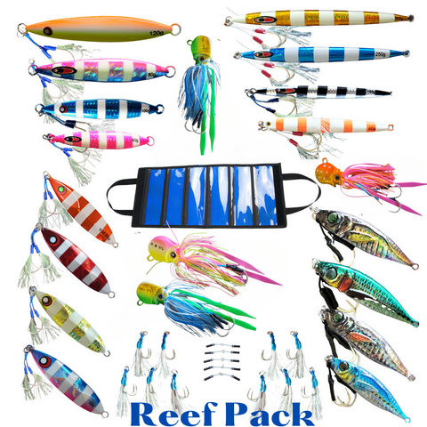 REEF VARIETY BUNDLE. 20 Pack rigged lumo jigs. 60g-120g. + extras